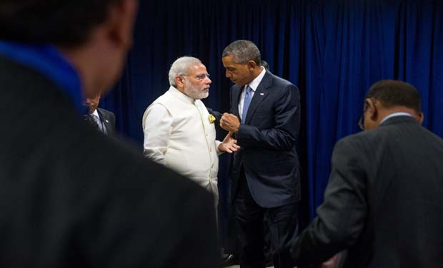 President Barack Obama and Indian Prime Minister Narendra Modi speak following a bilateral meeting at United Nations headquarters. (Photo: AP) President Barack Obama and Indian Prime Minister Narendra Modi speak following a bilateral meeting at United Nations headquarters. (Photo: AP)